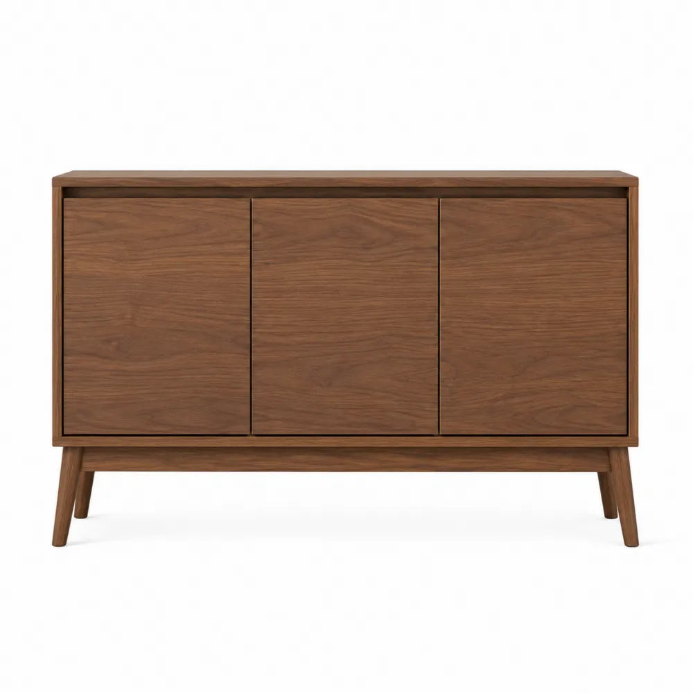 Buffet bas 3 portes en bois effet noyer avec pieds inclinés 150 cm x 40 cm x 75 cm