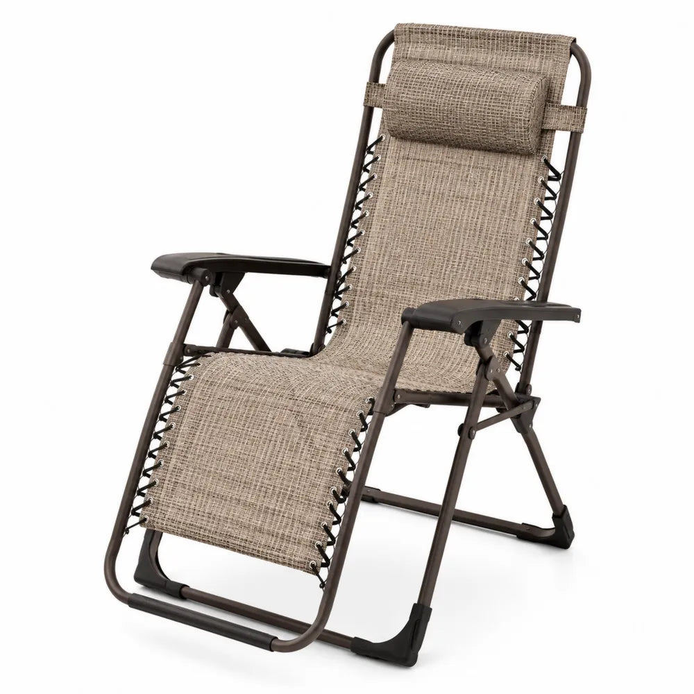 Chaise relax de jardin pliante inclinable avec accoudoirs textilène taupe et acier thermolaqué brun 155 cm x 65 cm x 112 cm