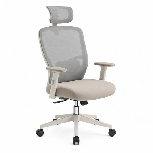 Chaise de bureau pivotante à roulettes avec appui-tête accoudoirs réglables maille polyester grise assise beige base nylon beige 66 x 66 x 115 à 125 cm