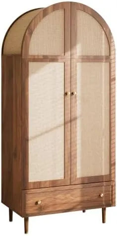 Armoire de rangement — en bois, avec rangement, avec tiroirs, 2 portes, 79 × 50 × 175 cm, en résine tressée