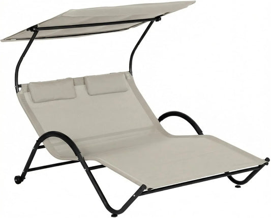 Outsunny Bain de Soleil 2 Places transat avec Toit réglable Appui-têtes – en polyester, en acier, avec roulettes, 200L, 137l