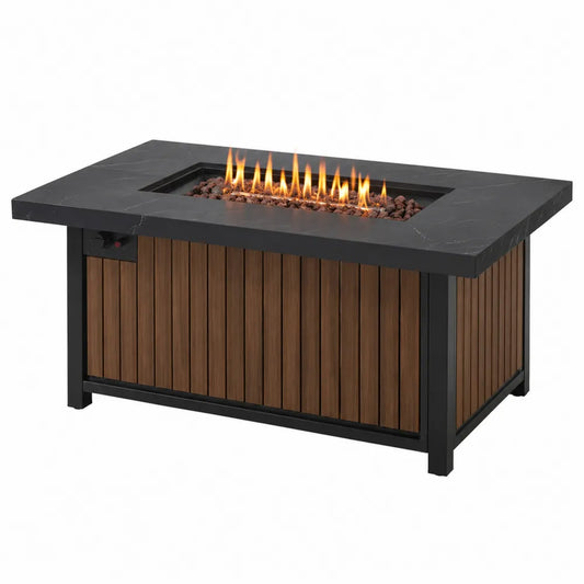 Table brasero extérieure rectangulaire 150 x 80 x 64 cm en pierre frittée noire effet marbre et acier noir avec panneaux décor bois