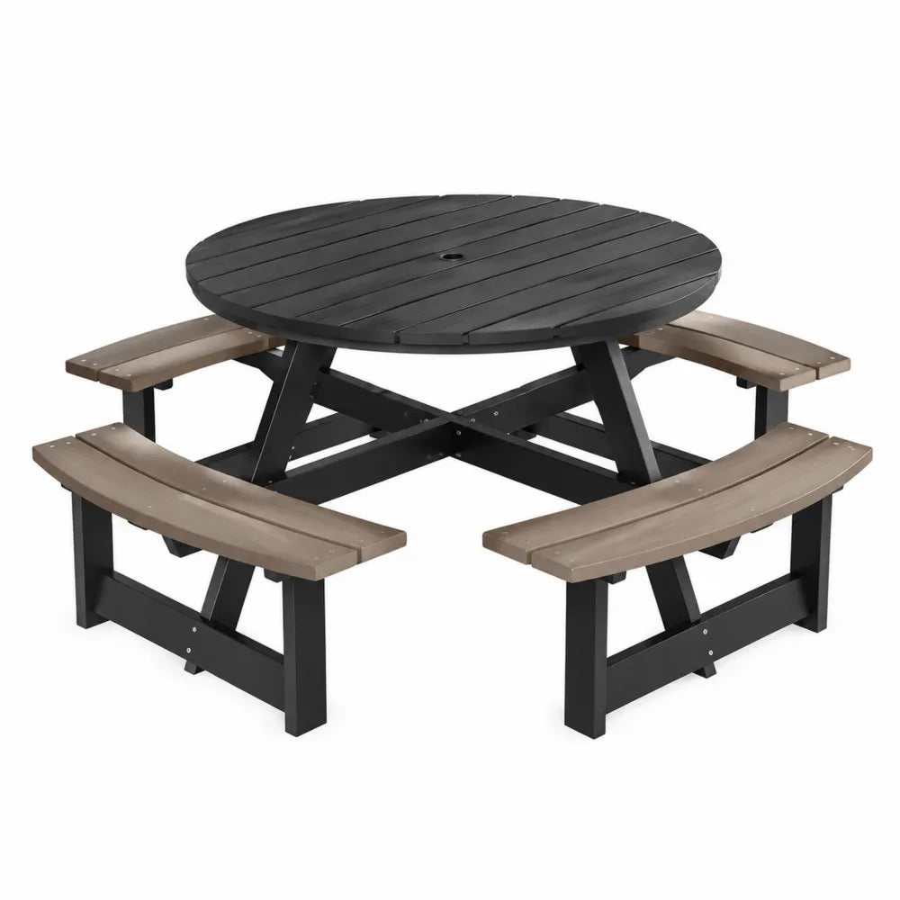 Table de pique-nique ronde extérieure avec 4 bancs intégrés en acier noir et lattes aspect bois