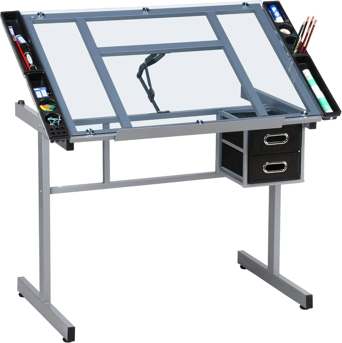 Bureau et table informatique — avec tiroirs, réglable, 2 Tiroirs, 104 × 60 × 80 cm, noir, hauteur réglable, inclinable