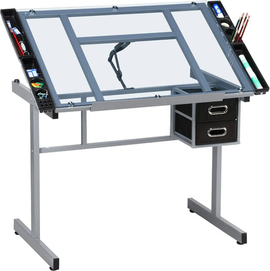 Bureau et table informatique — avec tiroirs, réglable, 2 Tiroirs, 104 × 60 × 80 cm, noir, hauteur réglable, inclinable