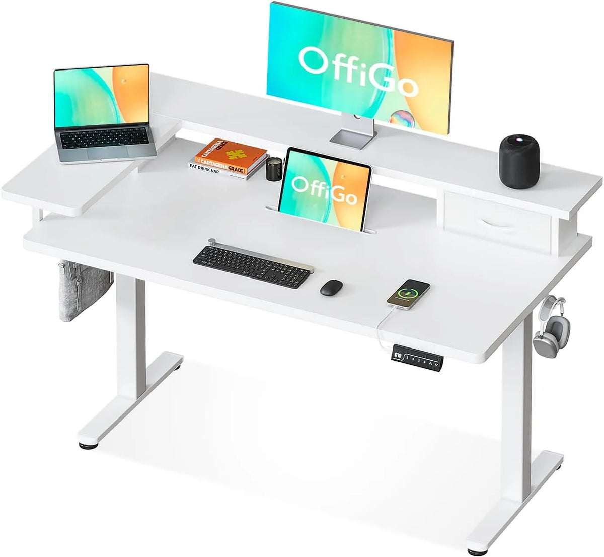 Bureau et table informatique – avec tiroirs, avec port USB, avec écran, 1 Pièce, 120 × 60 cm, blanc
