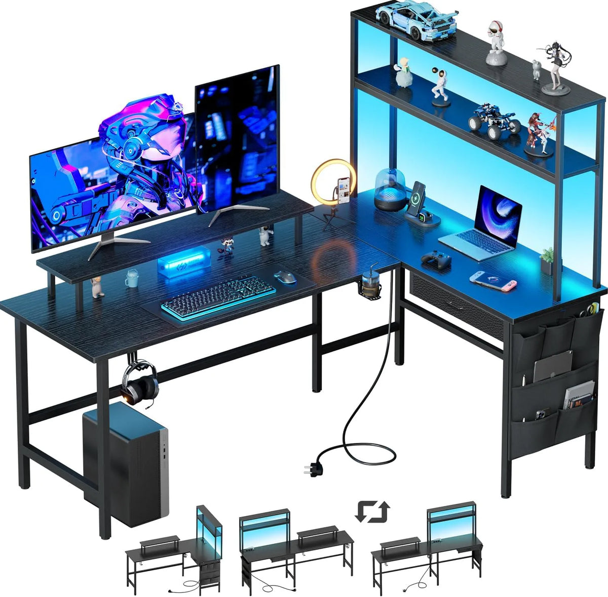 Bureau et table informatique — avec rangement, avec tiroirs, avec port USB, pour gaming, 170 × 100 cm, noir, avec éclairage LED