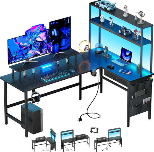 Bureau et table informatique — avec rangement, avec tiroirs, avec port USB, pour gaming, 170 × 100 cm, noir, avec éclairage LED