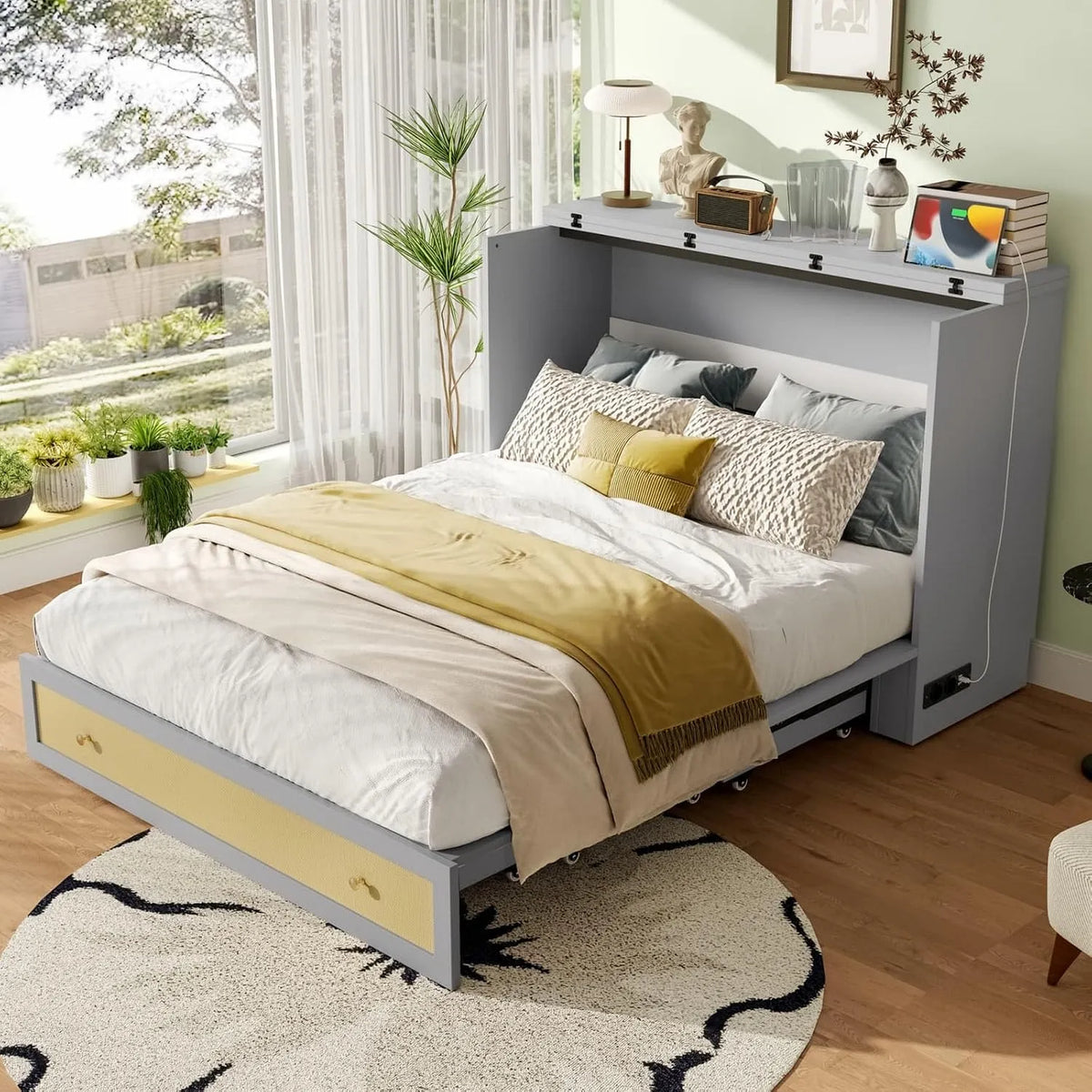 Lit Escamotable en Bois 140 x 200 cm: avec rangement, avec tiroirs, avec port USB, 140 × 200 cm, gris, revêtement en tissu