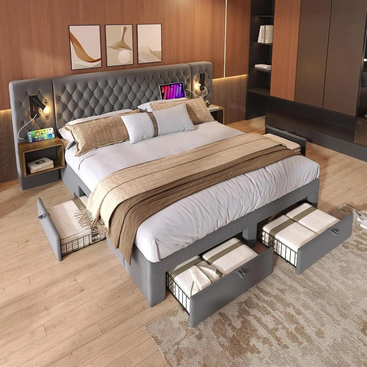 Lit capitonné 160 x 200 cm avec 2 tables de: avec tiroirs, avec port USB, affichage LED, 4 tiroirs, 160 × 200 cm, gris, revêtement en velours