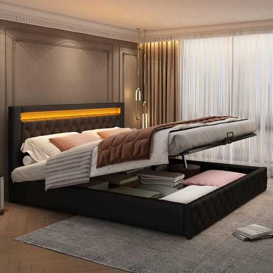 Lit Coffre 180x200cm: revêtement en tissu, avec rangement, affichage LED, 180 × 200cm, noir