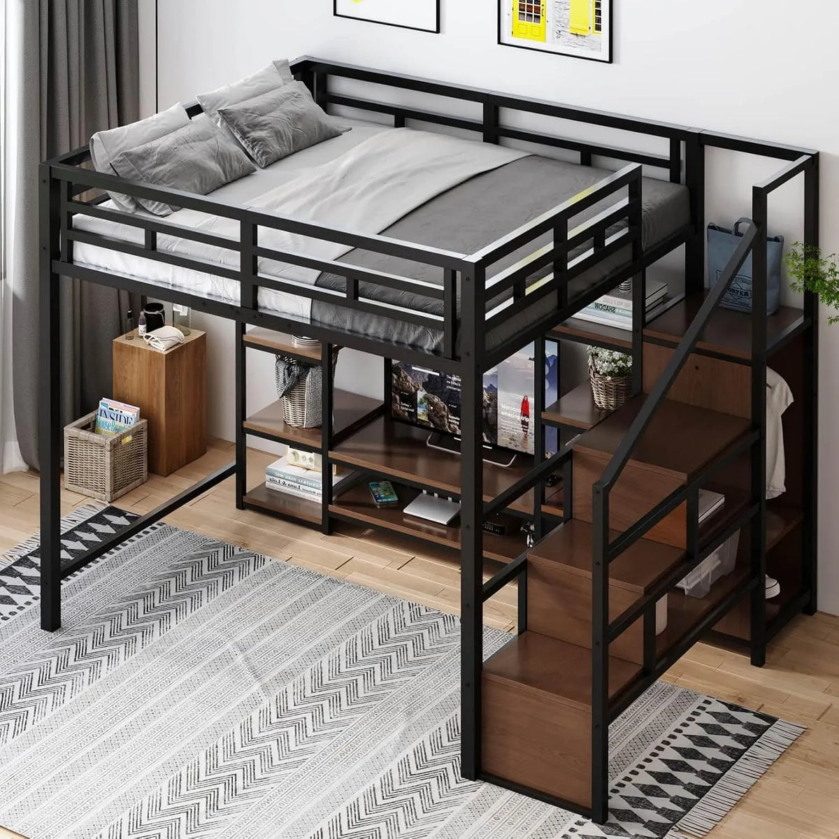 Lit Mezzanine 2 Place 140x200cm — pour enfant, en métal, en bois, avec rangement, 140 × 200cm, avec étagères, revêtement en tissu, 2 places
