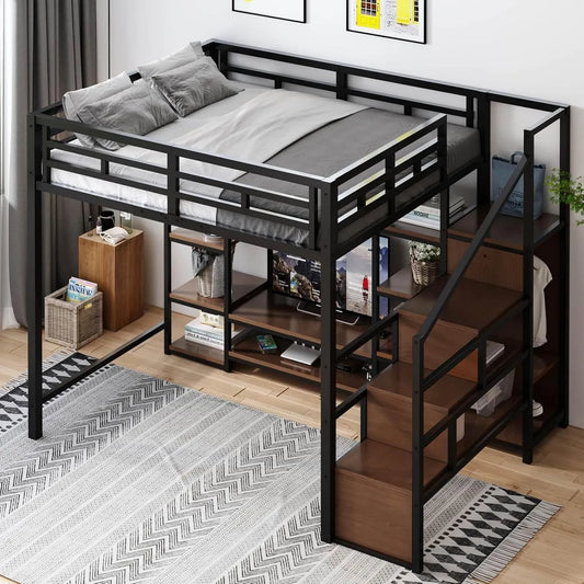 Lit Mezzanine 2 Place 140x200cm — pour enfant, en métal, en bois, avec rangement, 140 × 200cm, avec étagères, revêtement en tissu, 2 places
