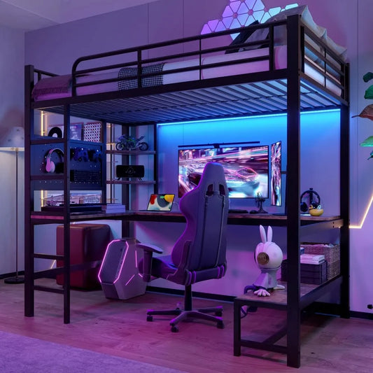 Lit superposé et lit mezzanine – pour enfant, avec étagères, avec bureau, avec port USB, 1 Place, 90 × 200 cm, noir, avec éclairage LED