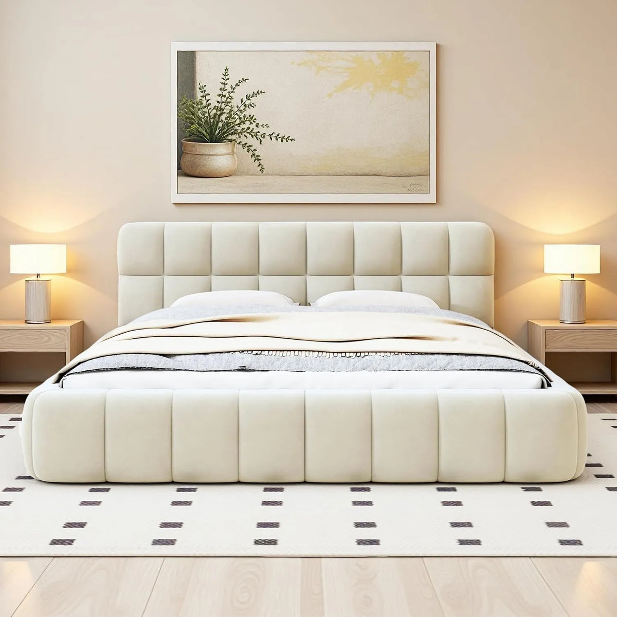 Lit Double Rembourré 140 x 190 cm — avec dossier, 140 × 190 cm, beige, revêtement en tissu