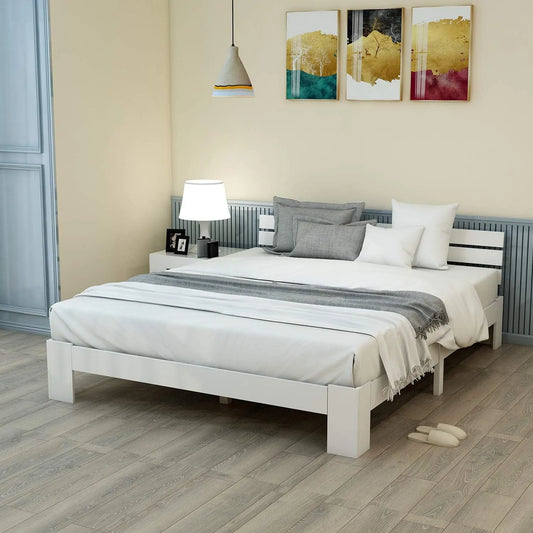 Cadre de lit et structure de lit en Bois Double – 140 × 200 cm, blanc, en bois massif