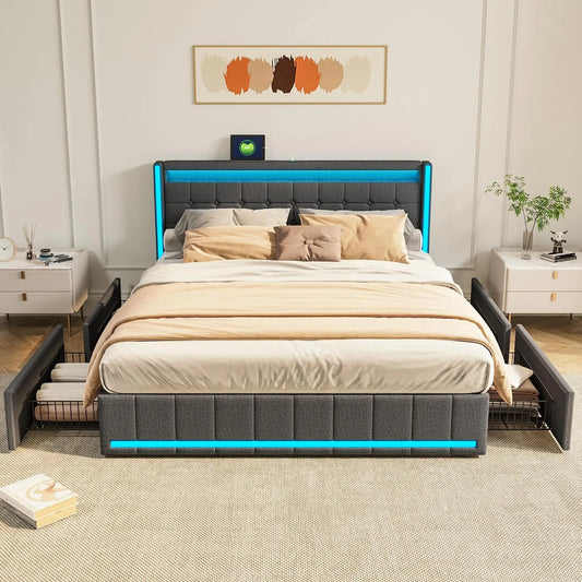 Lit rembourré et cadre de lit tapissé: avec rangement, avec tiroirs, avec port USB, affichage LED, 4 Tiroirs, 140 × 190, gris