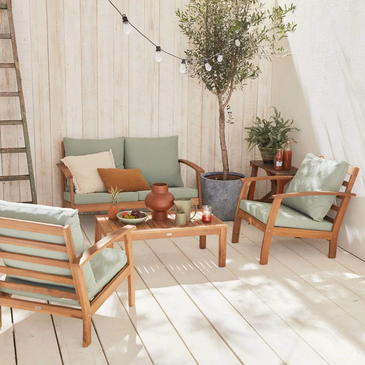 Salon de jardin et ensemble lounge – en bois, avec coussins, 4 Places, gris