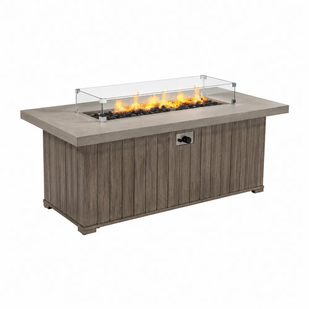 Table brasero extérieure rectangulaire 150 x 80 x 64 cm en pierre frittée effet béton et acier avec pare-vent en verre trempé