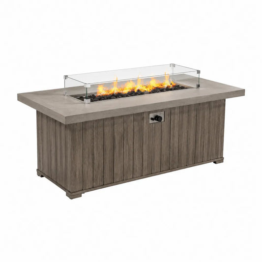 Table brasero extérieure rectangulaire 150 x 80 x 64 cm en pierre frittée effet béton et acier avec pare-vent en verre trempé