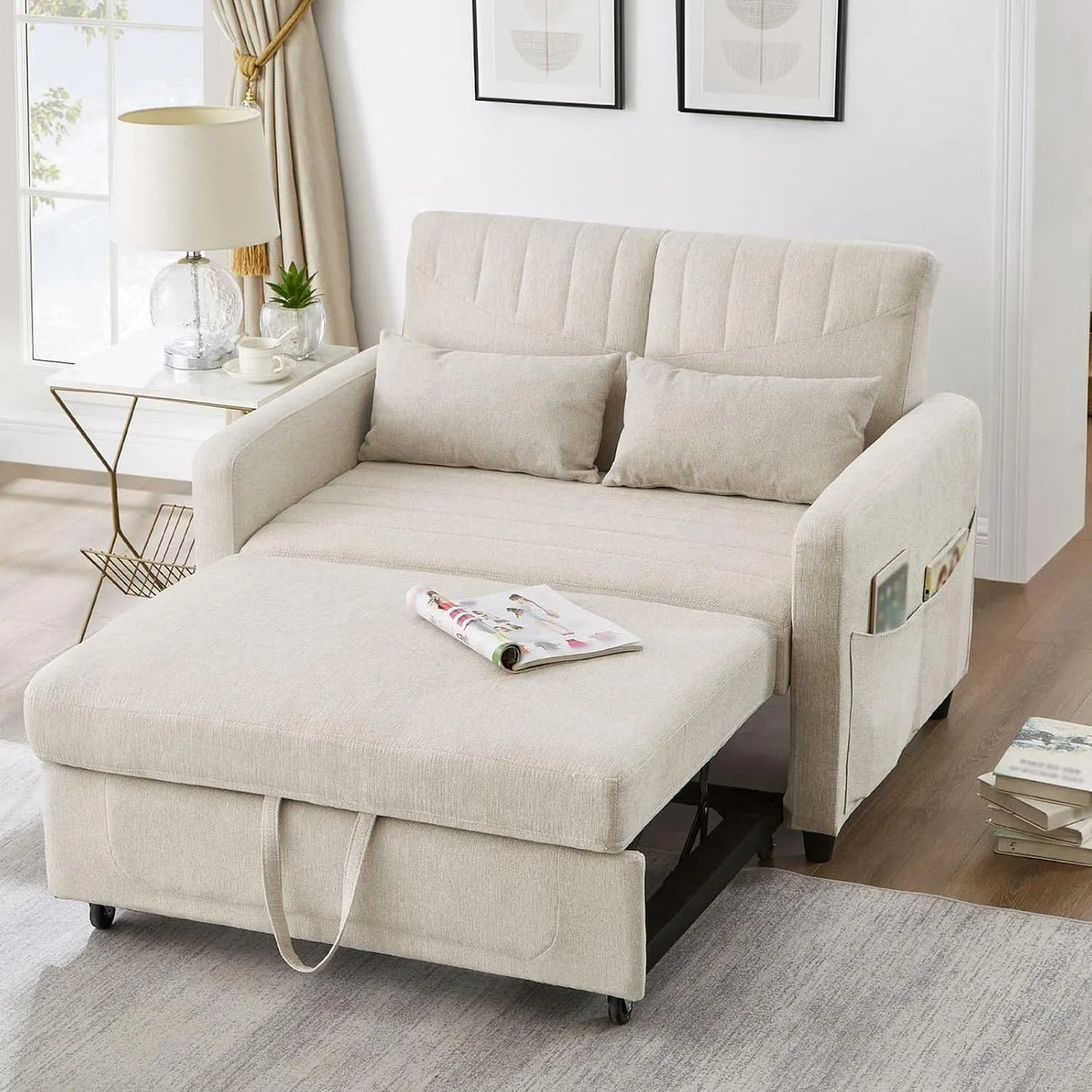 Canapé — en coton, revêtement en tissu, convertible, avec dossier, 2 Places, beige, réglable