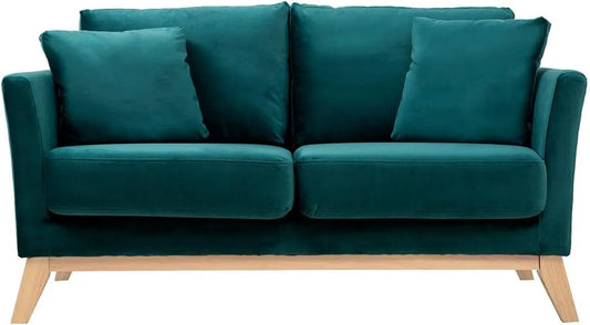 Canapé – revêtement en tissu, en bois, 2 Places, bleu, revêtement en velours