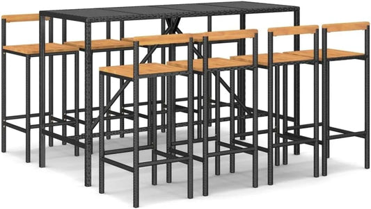 Chaise – en bois, 9 pièces, noir, en bois massif, en résine tressée
