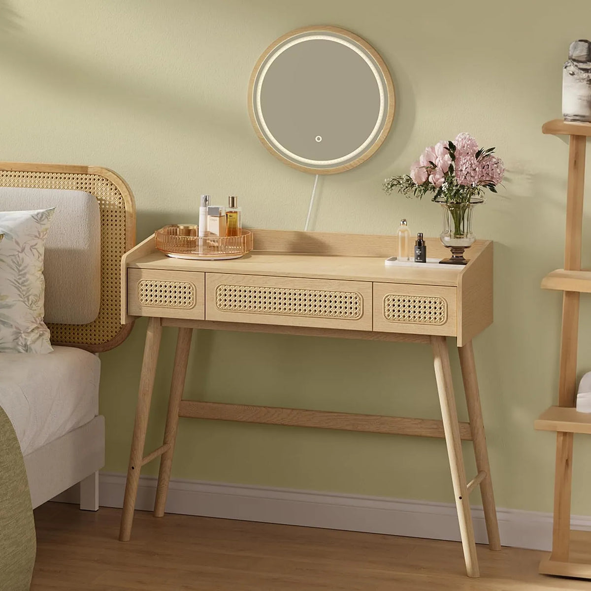 SONGMICS HOME RVT007Y01 HOME Coiffeuse et table de maquillage avec Miroir et Lumière — avec tiroirs, réglable, 3 Tiroirs, beige, en résine tressée