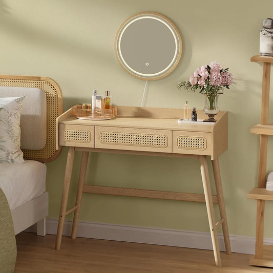 SONGMICS HOME RVT007Y01 HOME Coiffeuse et table de maquillage avec Miroir et Lumière — avec tiroirs, réglable, 3 Tiroirs, beige, en résine tressée