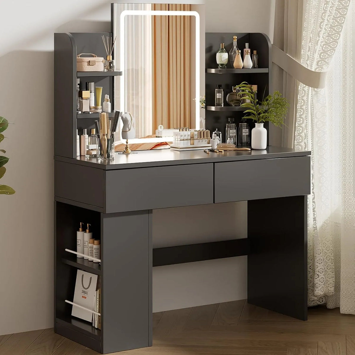Armoire de rangement: avec tiroirs, avec Bibliothèque et étagère de rangements, réglable, affichage LED, 3 Étagères, 2 Tiroirs, noir
