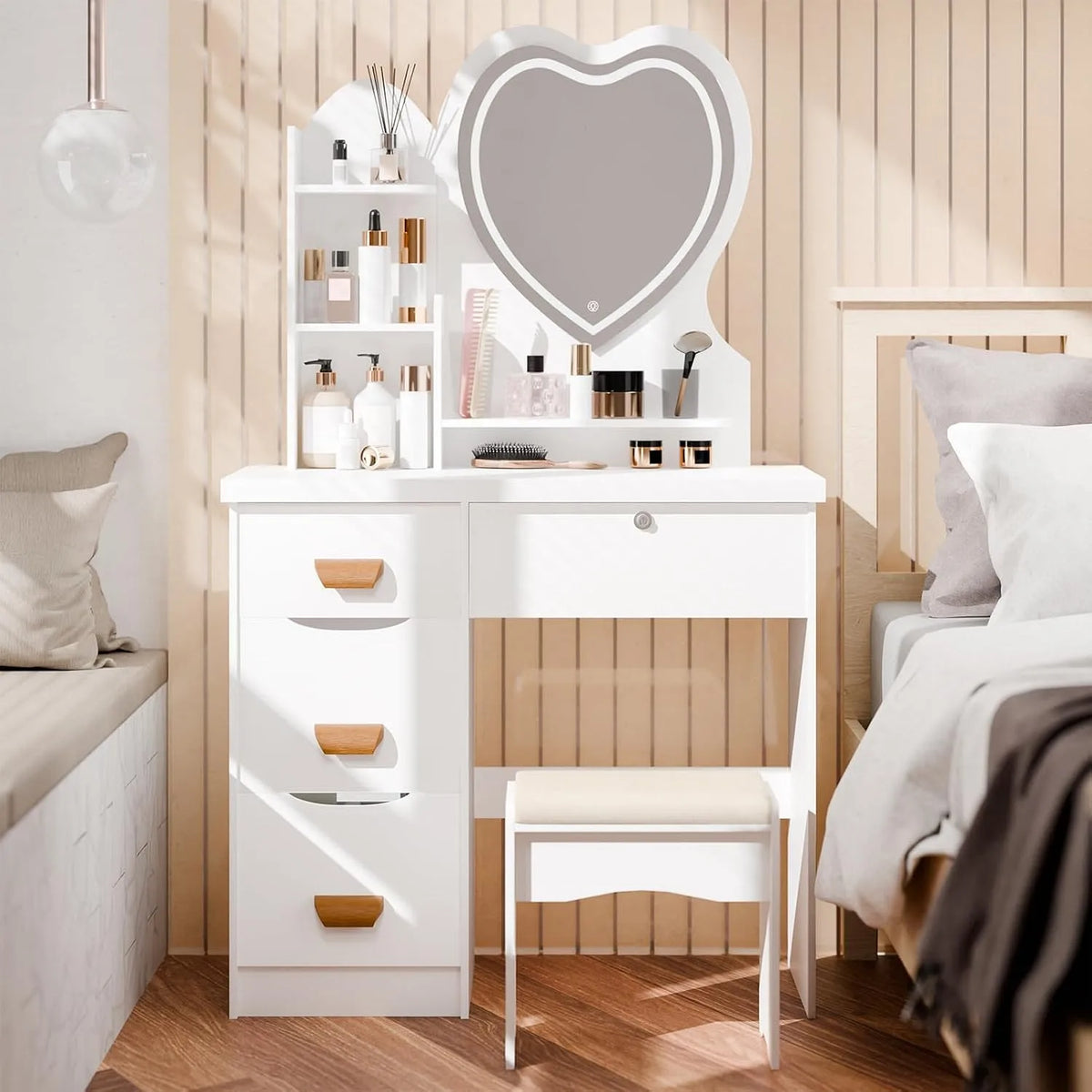 Générique Coiffeuse et table de maquillage avec Miroir LED en Forme de Cœur et: en bois, avec rangement, avec tiroirs, avec étagères, 4 Tiroirs, blanc