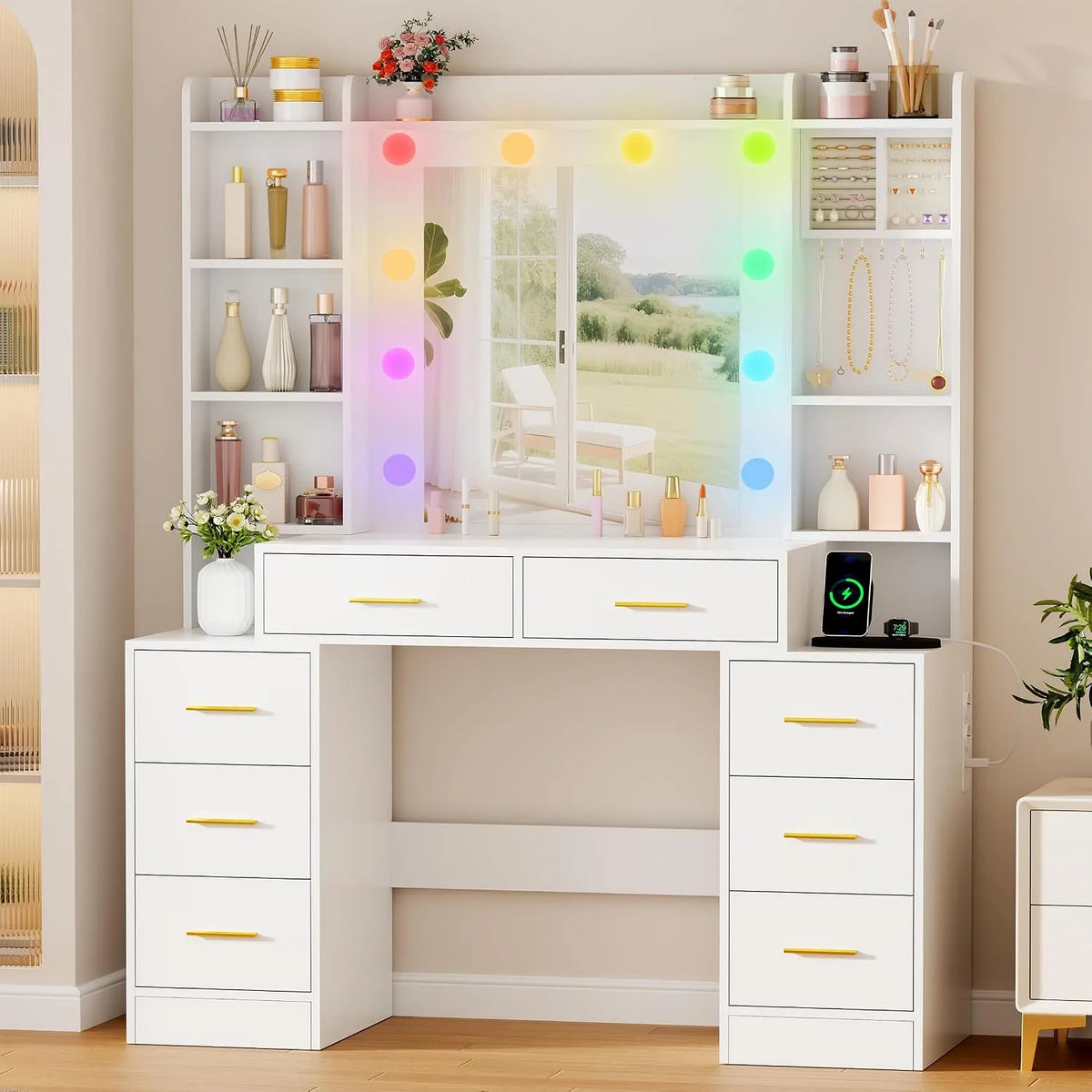 Table de Maquillage et Coiffeuse et table de maquillage 3-en-1 avec Miroir LED Intelligent – RGB, avec tiroirs, avec port USB, éclairage RGB
