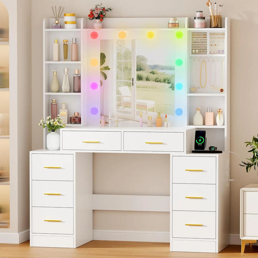 Table de Maquillage et Coiffeuse et table de maquillage 3-en-1 avec Miroir LED Intelligent – RGB, avec tiroirs, avec port USB, éclairage RGB
