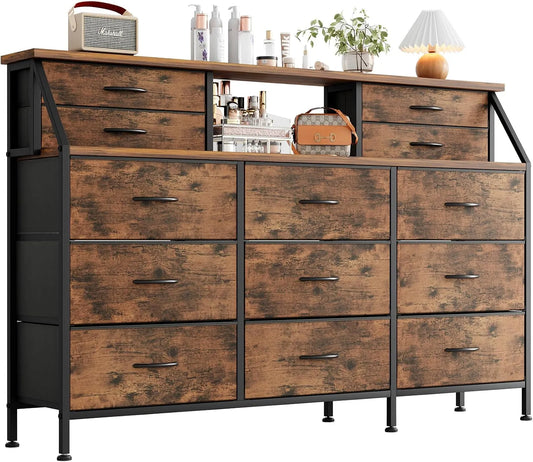 Commode et meuble à tiroirs pour Chambre avec 13 Tiroirs: revêtement en tissu, en bois, avec rangement, avec tiroirs, 2 Étagères, 140 cm