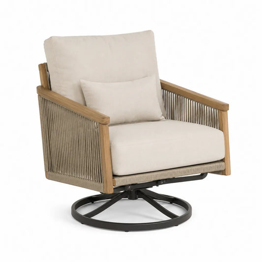 Fauteuil de jardin pivotant avec accoudoirs en bois naturel corde tressée et coussins polyester beige base acier noir