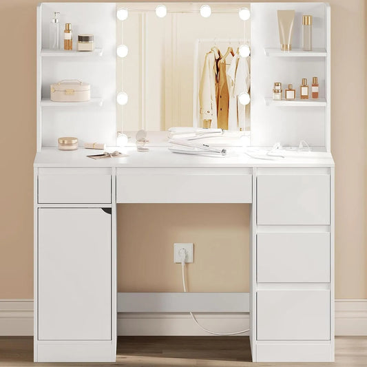 Armoire de rangement: en bois, avec tiroirs, avec Bibliothèque et étagère de rangements, réglable, 5 Tiroirs, blanc, avec étagères, avec éclairage LED