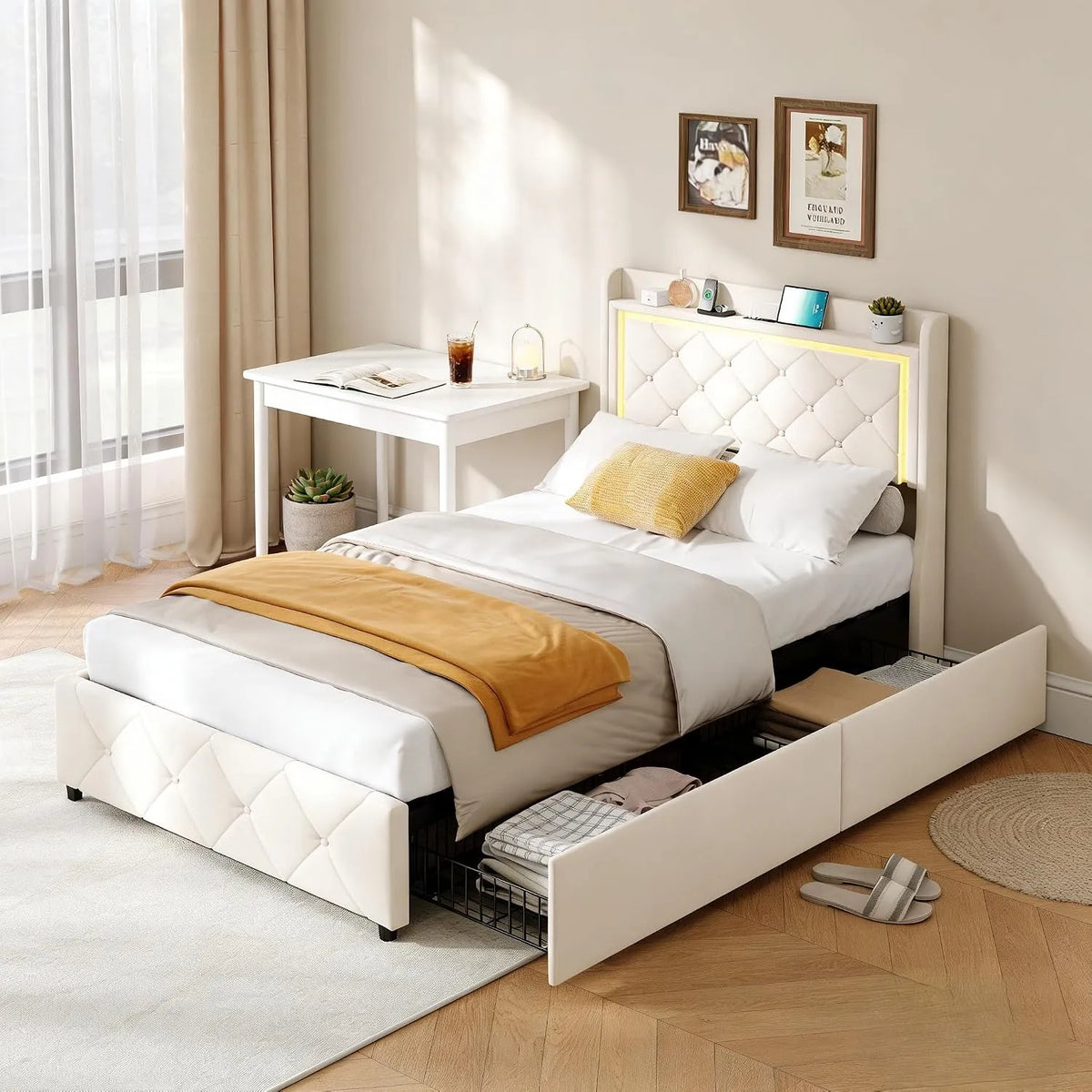Lit 90 x 200 avec Sommier: avec rangement, avec tiroirs, avec port USB, affichage LED, 90 × 200, beige, revêtement en velours, revêtement en tissu