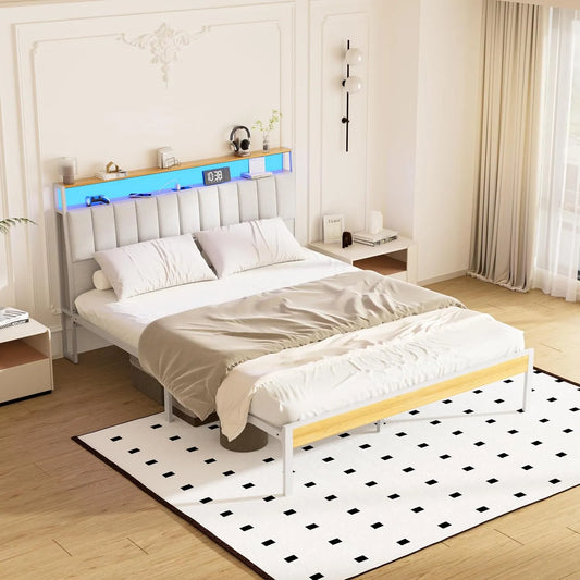 Cadre de lit et structure de lit: en métal, avec port USB, affichage LED, 160 × 200, beige