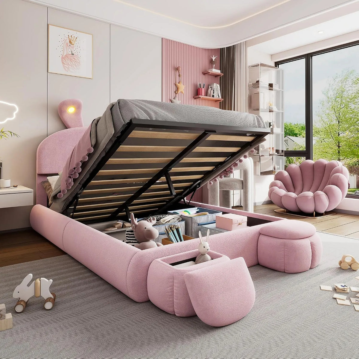 Lit double capitonné 140 x 200 cm — avec rangement, réglable, 140 × 200 cm, revêtement en velours
