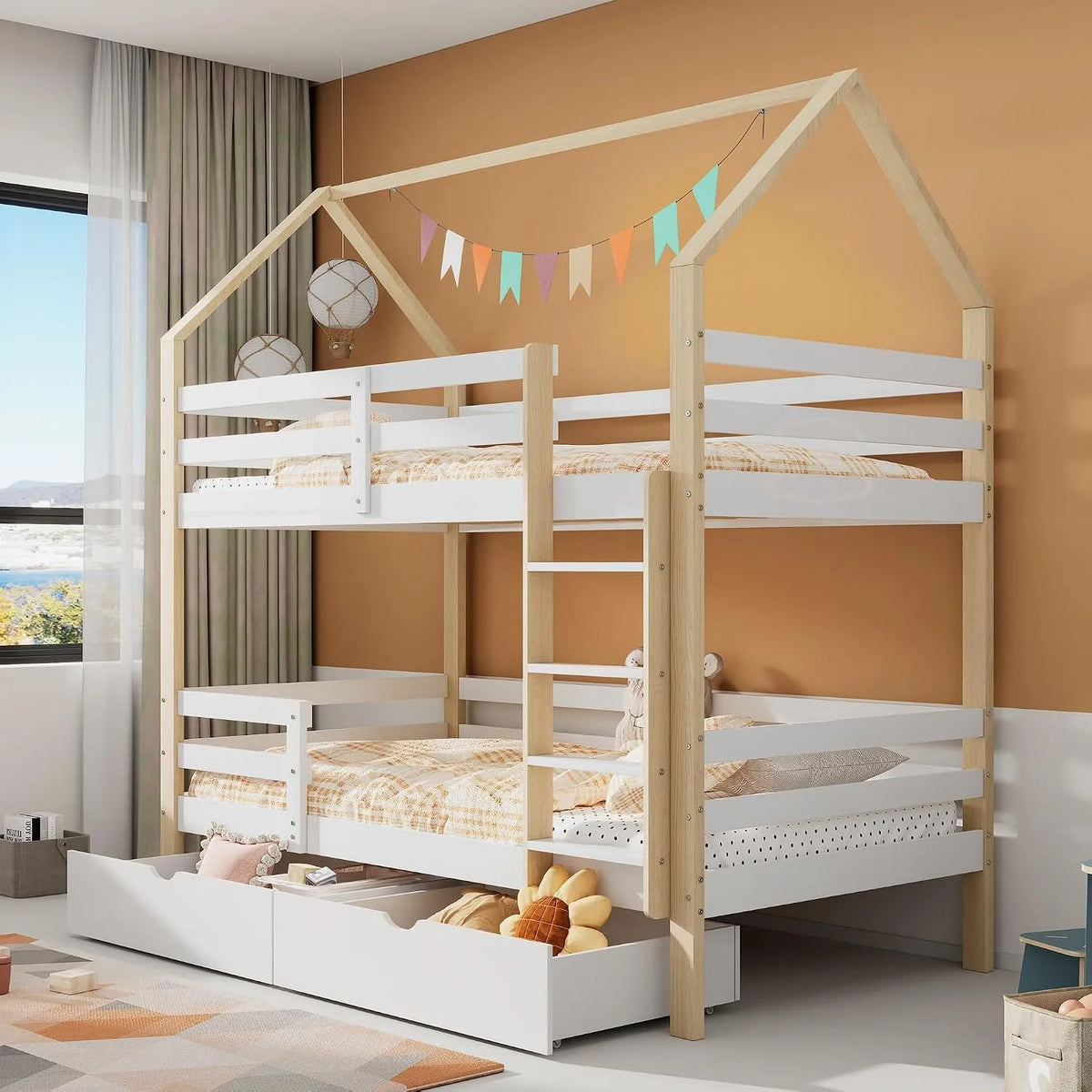 Lit superposé et lit mezzanine — pour enfant, avec tiroirs, avec échelle, 90 × 200 cm, blanc