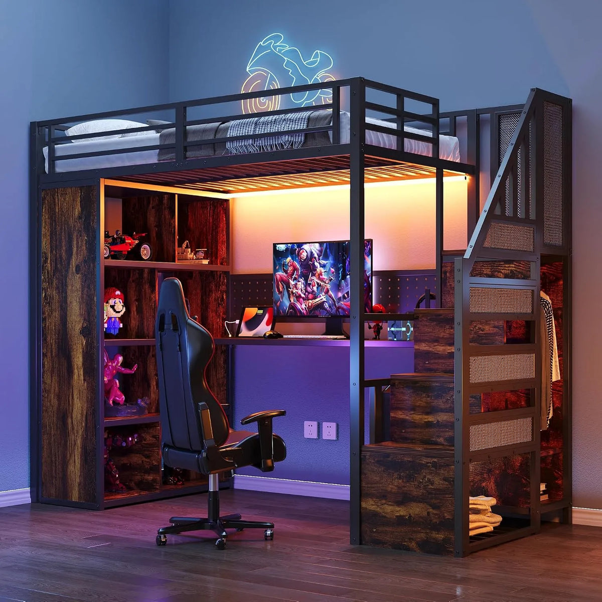 Armoire de rangement – en métal, avec rangement, avec escalier, avec Bureau et table informatique, 90 × 200 cm, noir, avec éclairage LED