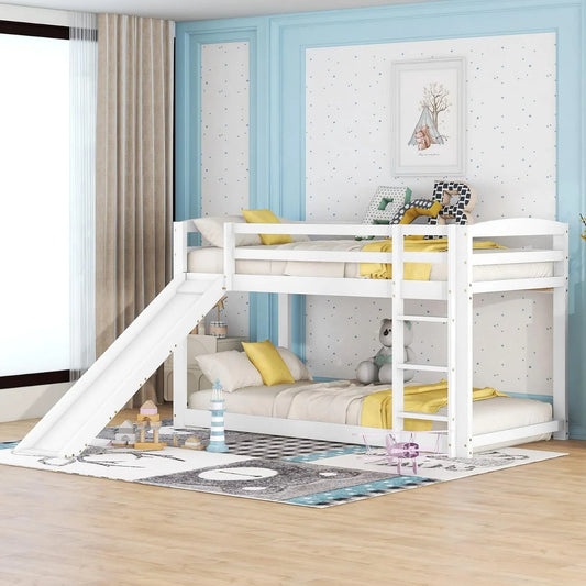 Lits pour Enfants 90x200cm multifonctionnels avec toboggans et échelles — en bois, avec échelle, 90 × 200cm, blanc, revêtement en tissu