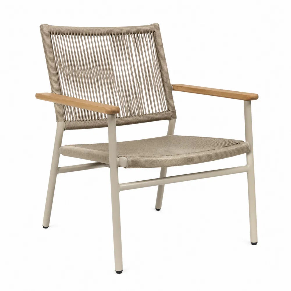 Fauteuil de jardin avec accoudoirs en aluminium beige corde tressée polyester et bois naturel 58 cm x 60 cm x 82 cm